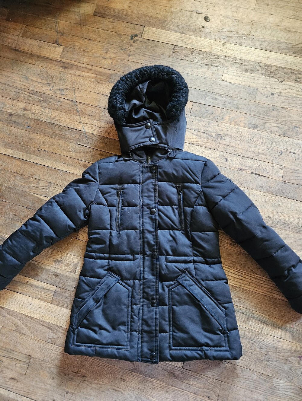 Guess Women's Black Quilted Puffer Coat with Hood